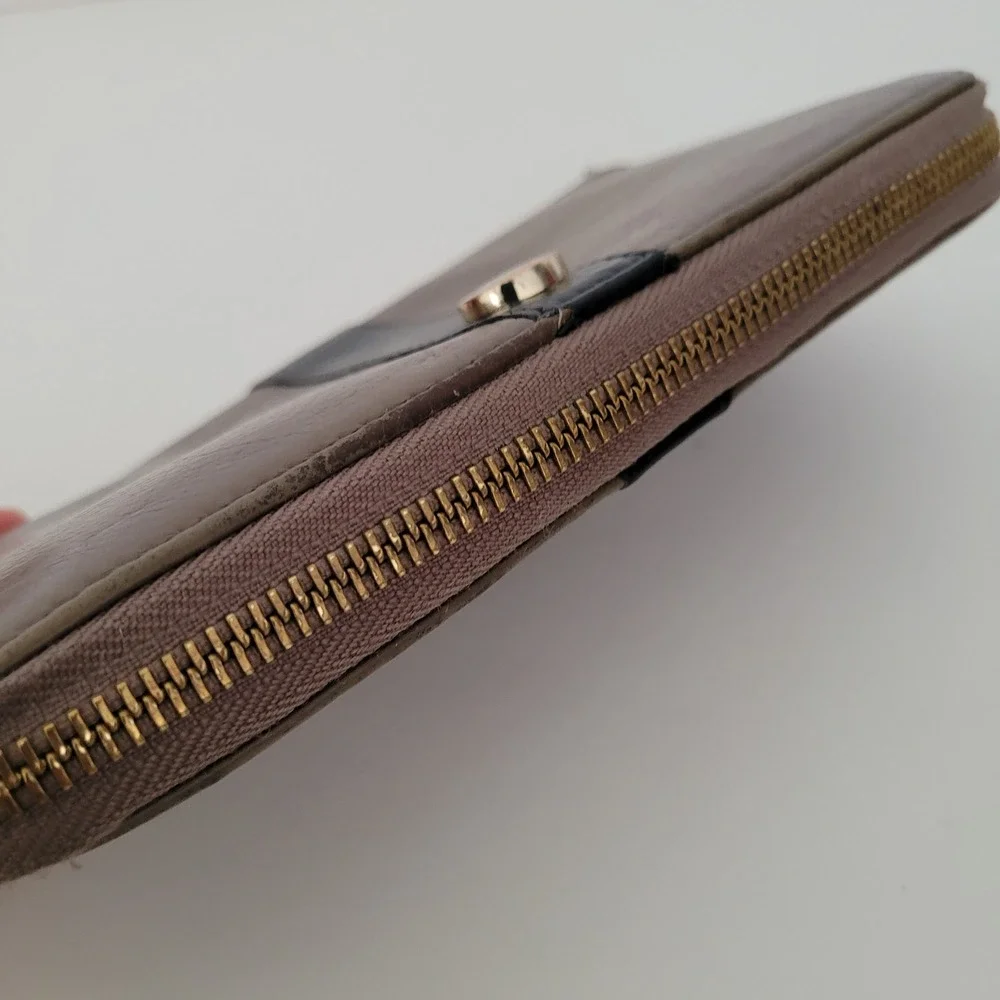 Furla Zip Around Leather Wallet Taupe Black Colorblock Silver Logo Hardware